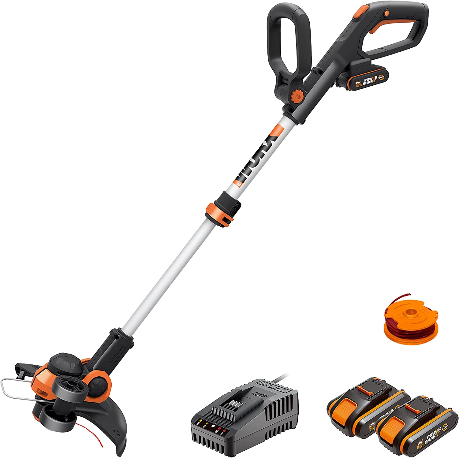 WORX Coupe Bordure sans Fil 18V(20V Max) avec 2pcs Batterie WG163E.3, Débroussailleuse à Batterie avec Bobine Fil de Coupe, Longueur du Fil 3m, Diamètre de Coupe 30cm, Diamètre du Fil 1.65mm